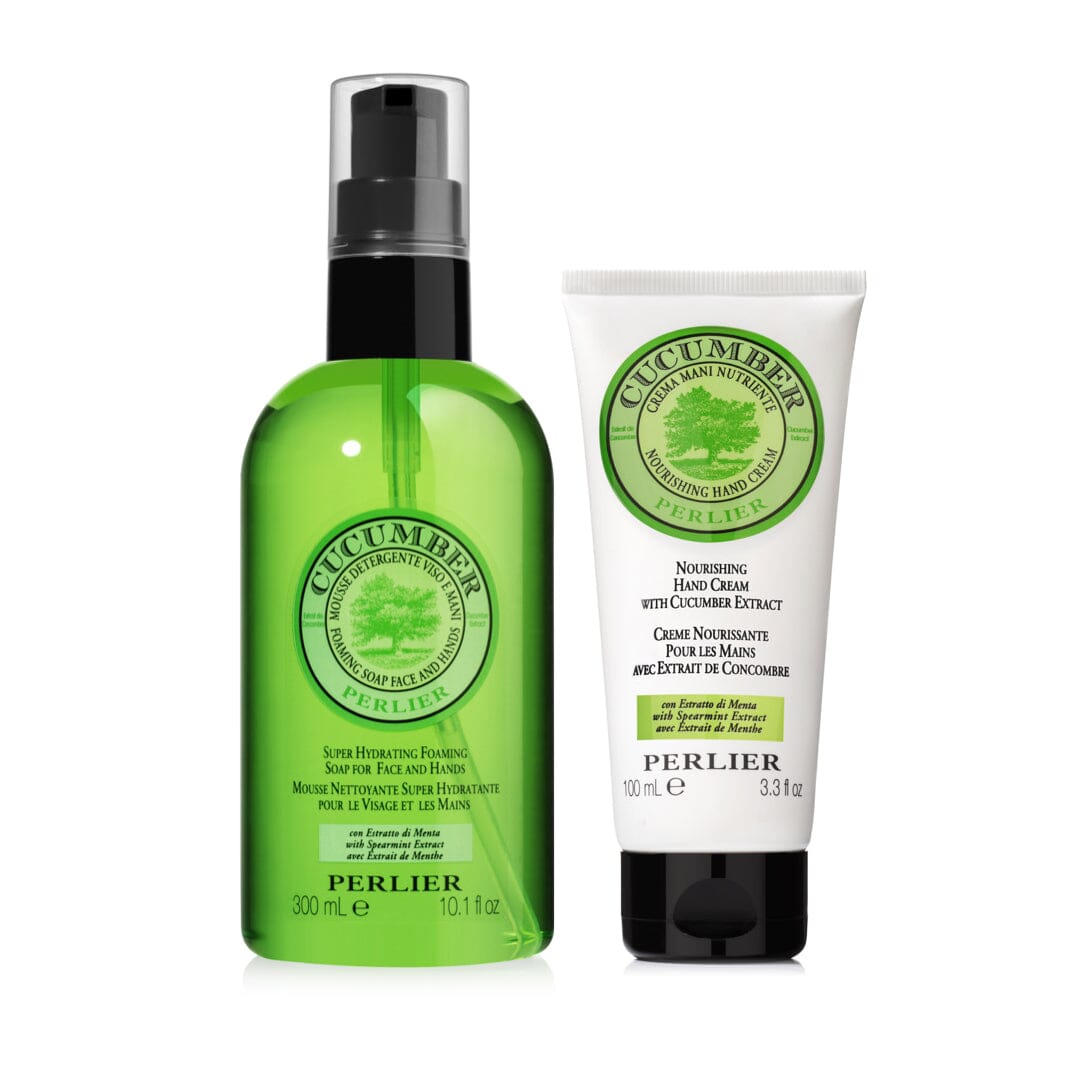 PERLIER CUCUMBER + SPEARMINT HAND CARE DUO | IMAGE SHOWS 10.1 OZ FOAMING LIQUID SOAP IN BOTTLE WITH PUMP TOP AND 3.3 OZ HAND CREAM IN TUBE WITH FLIP TOP