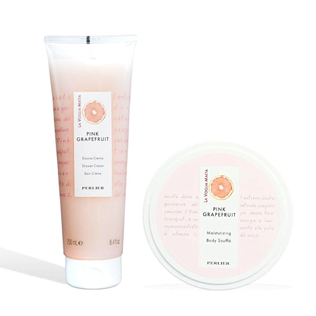 PERLIER PINK GRAPEFRUIT BATH & BODY DUO | PICTURED:  8.4 OZ PINK GRAPEFRUIT BATH & SHOWER CREAM IN CLEAR, WHITE & PINK TUBE WITH FLIP-TOP CAP AND 6.7 OZ PINK GRAPEFRUIT BODY MOUSSE IN WHITE & PINK JAR WITH SCREW-TOP LID