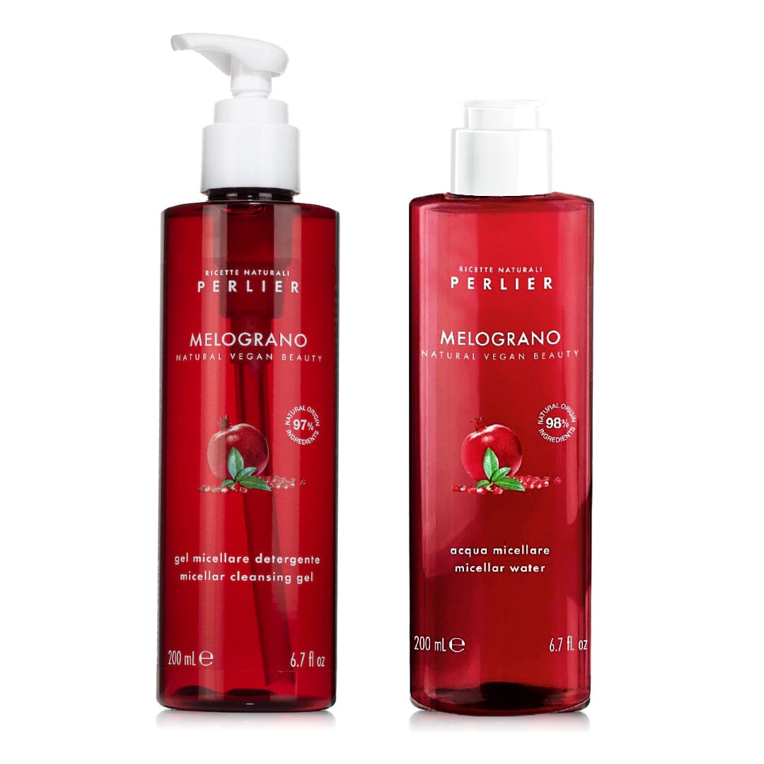 PERLIER POMEGRANATE FACE CLEANSING DUO | PICTURED: 6.7 OZ POMEGRANATE MICELLAR WATER IN RED BOTTLE WITH WHITE FLIP TOP CAP AND 6.7 OZ POMEGRANATE MICELLAR CLEANSING GEL IN RED BOTTLE WITH WHITE PUMP TOP