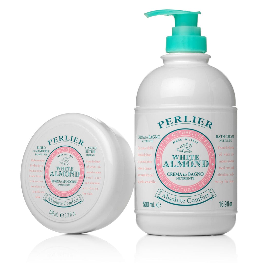 PERLIER WHITE ALMOND BATH & BODY DUO | PICTURED:  16.9 OZ WHITE ALMOND BATH & SHOWER CREAM IN WHITE BOTTLE WITH LIGHT GREEN PUMP TOP AND 3.3 OZ WHITE ALMOND FIRMING BODY BUTTER IN WHITE JAR WITH SCREW-TOP LID