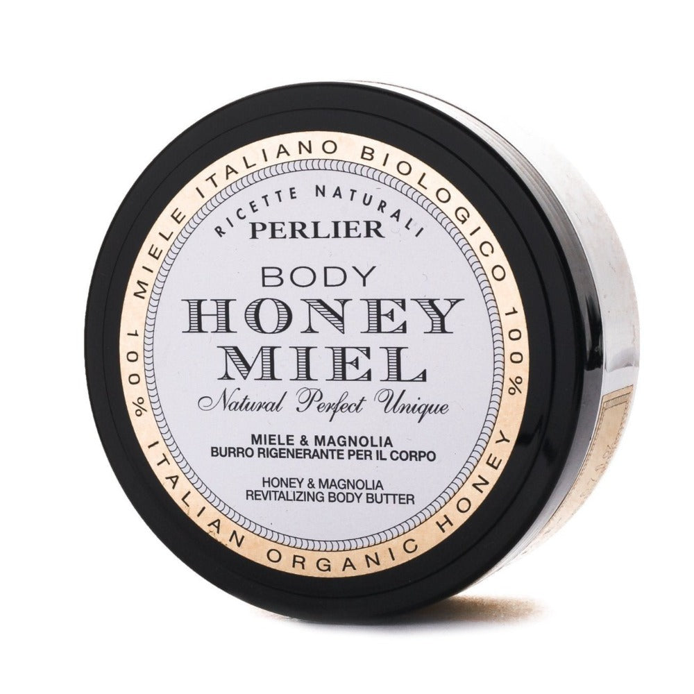 PERLIER 6.7 OZ HONEY + MAGNOLIA BODY BUTTER IN WHITE JAR WITH BLACK SCREW-TOP LID