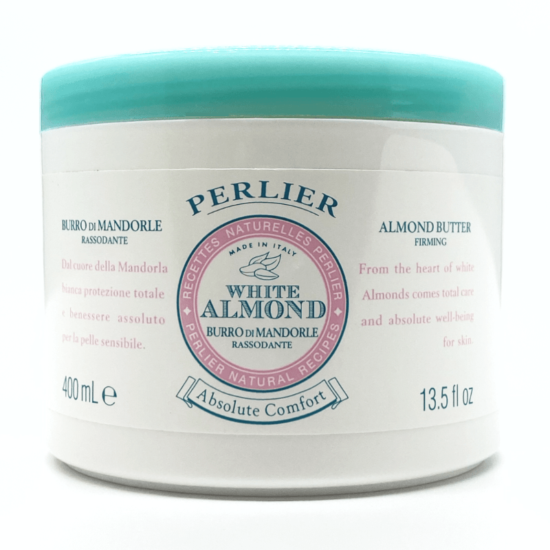 PERLIER 13.5 OZ WHITE ALMOND FIRMING BODY BUTTER IN WHITE JAR WITH GREEN SCREW-TOP LID