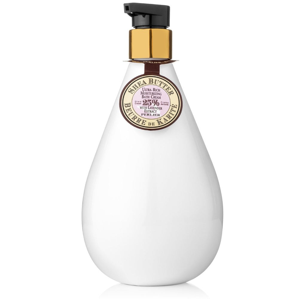 PERLIER 16.9 OZ SHEA BUTTER + LAVENDER BATH & SHOWER CREAM IN LIMITED EDITION WHITE DROP-SHAPED BOTTLE WITH BLACK PUMP TOP